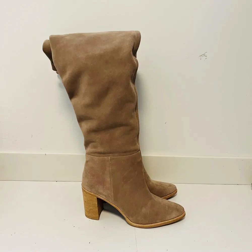 Jeffrey Campbell Boots Womens 11 Beige Suede Over Knee Slouch Block Heel Shoes